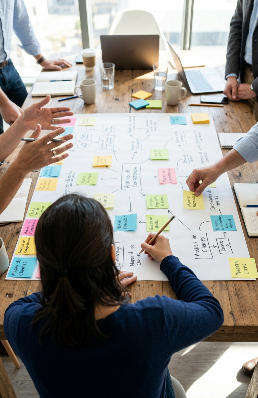 Equipo trabajando en estrategia y mapeo de oportunidades de negocio